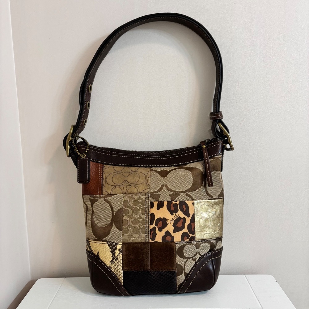 Coach Holiday Patchwork Multi Pattern Leather Shoulder Bag Brown Y2K 11497